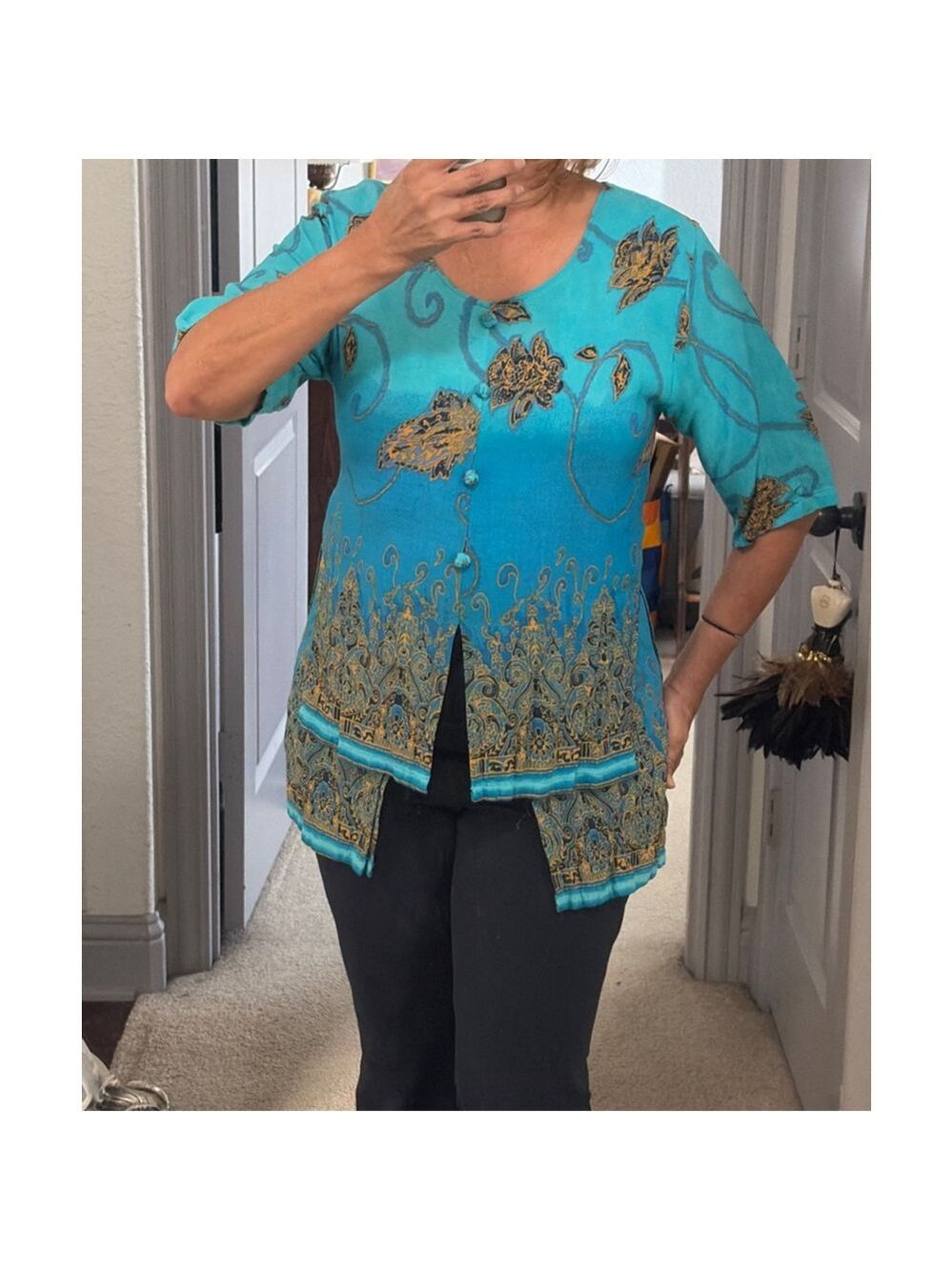 Women's Christina Fairbanks Blue Gold Floral Tunic Top M #0045